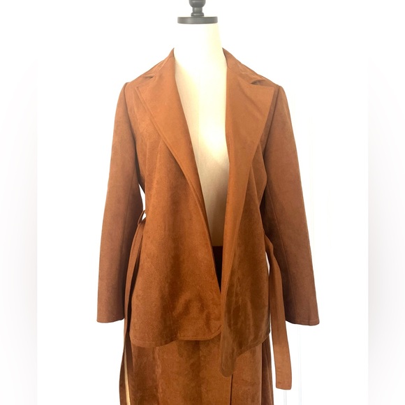 Vintage 70s Faux Suede Suit Matching Blazer and Midi Wrap Skirt Large Caramel - Picture 10 of 16